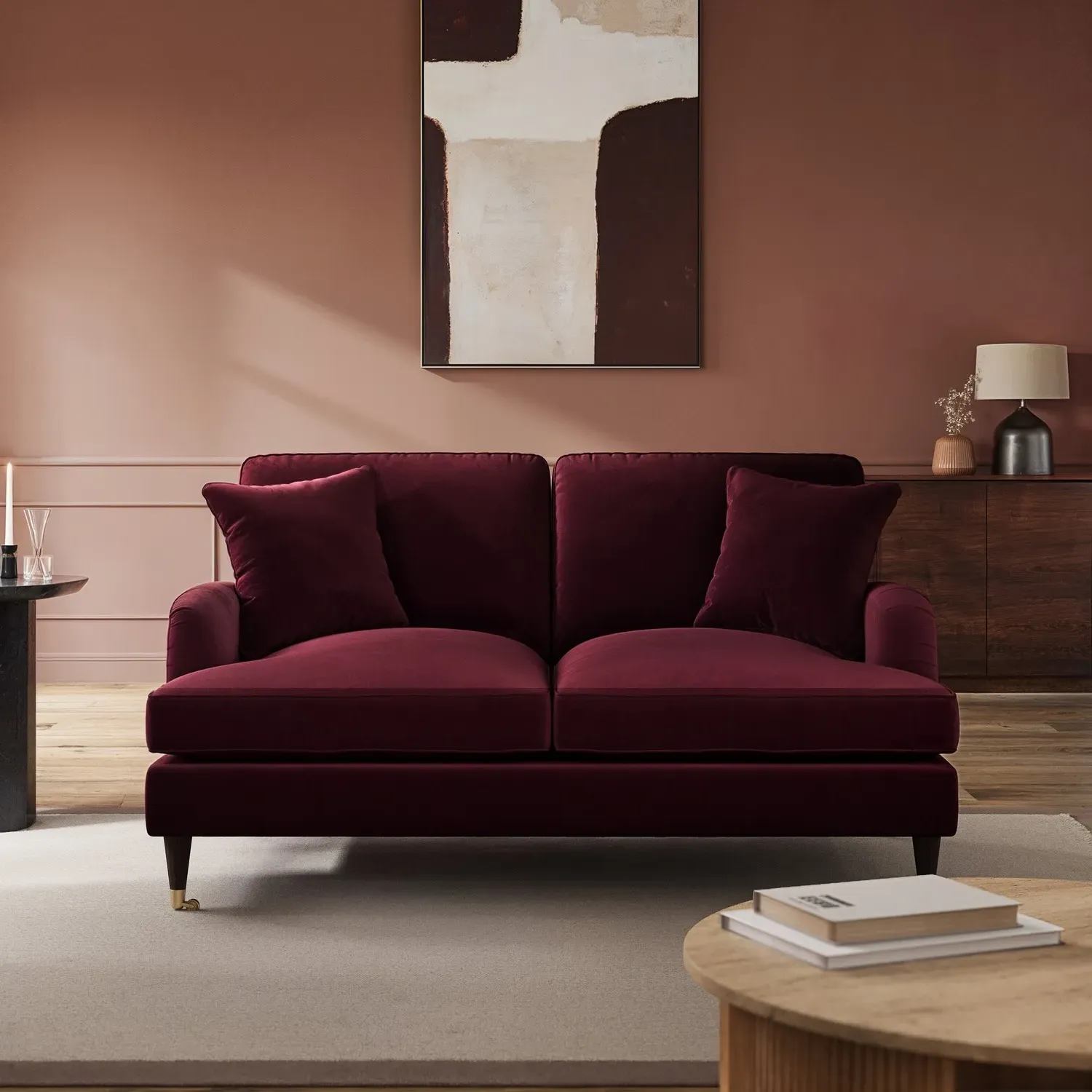 Payton 2-Seater Sofa with Castors - Burgundy, Velvet product