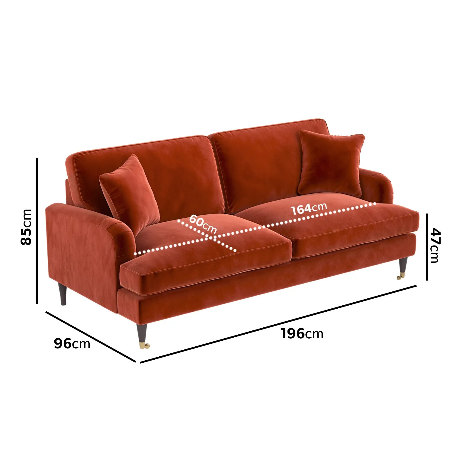 Payton 3-Seater Sofa - Burnt Orange, Velvet alternate view