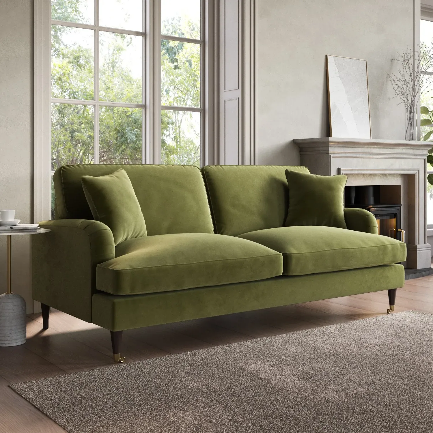 Payton 3-Seater Sofa with Castors - Olive Green, Velvet alternate view