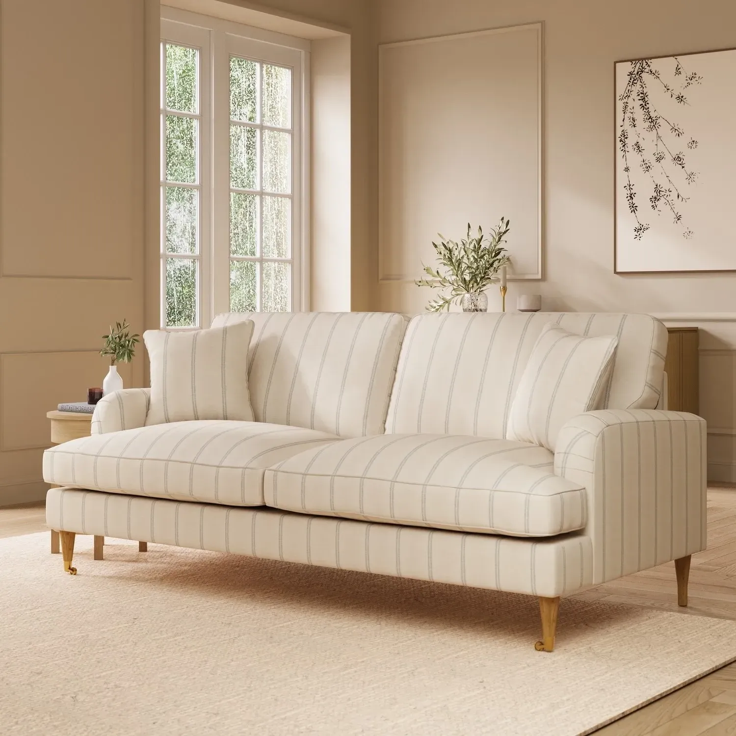 Payton 3-Seater Sofa with Ruched Arms - Cream Blue Stripe, Chenille alternate view