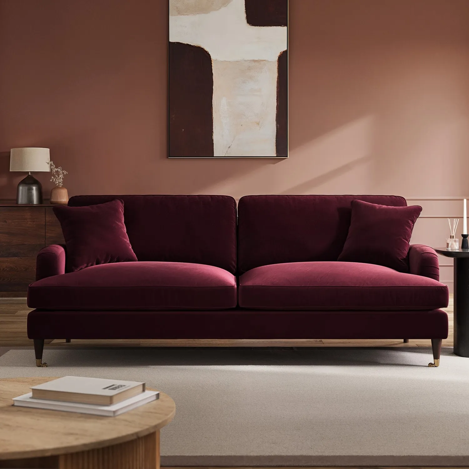 Payton 4-Seater Sofa with Gold Castors - Burgundy, Velvet product