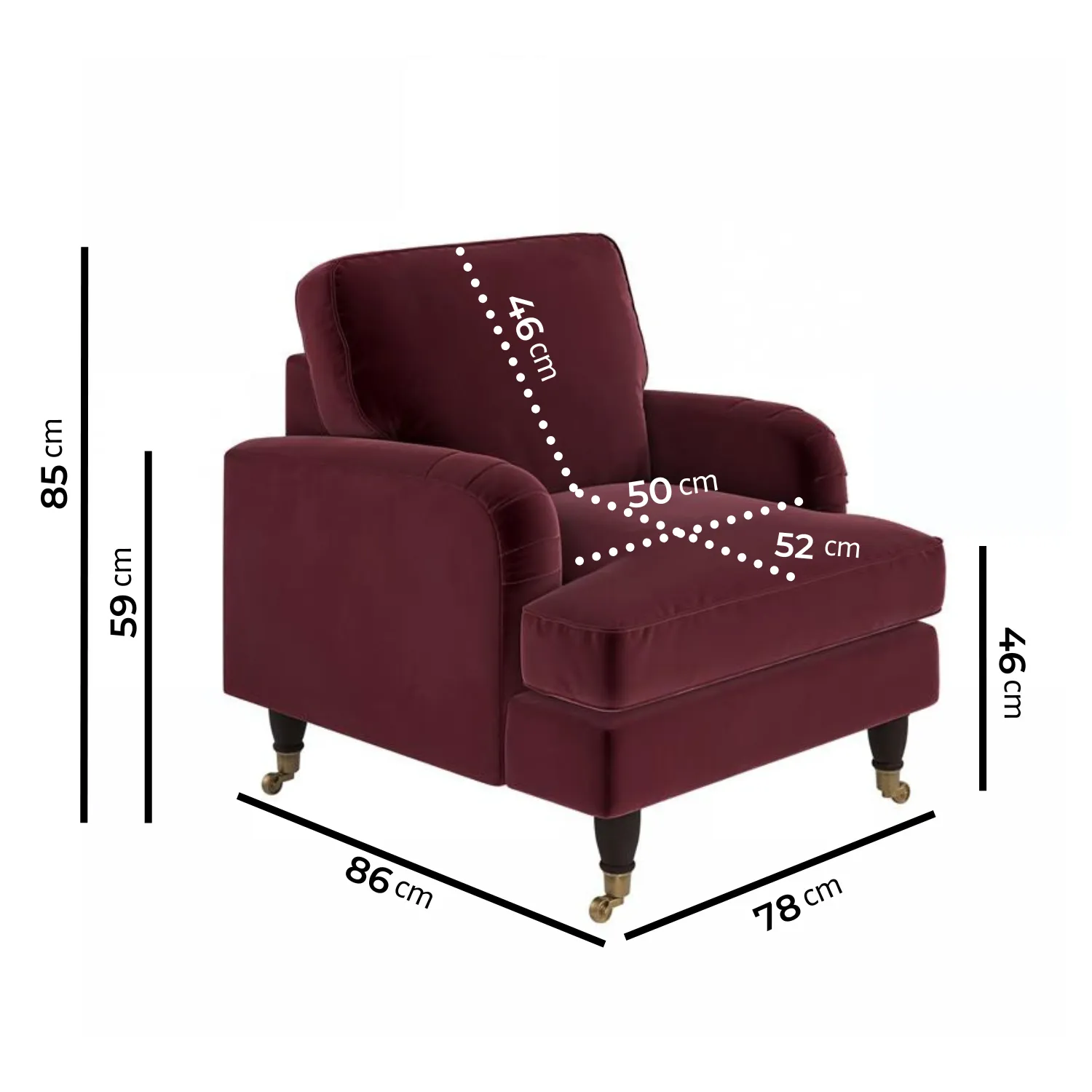Payton Armchair with Castor Wheels - Burgundy, Velvet alternate view