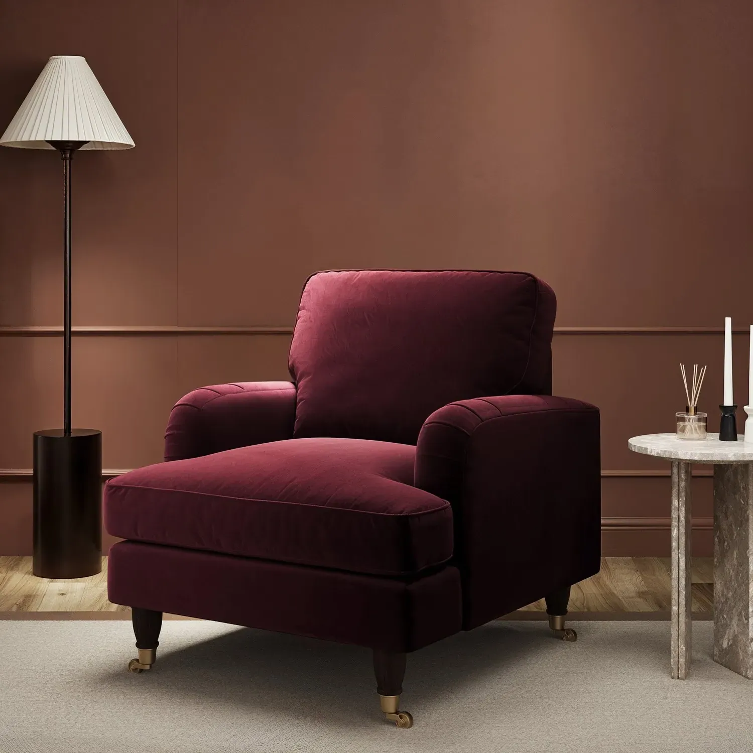 Payton Armchair with Castor Wheels - Burgundy, Velvet product