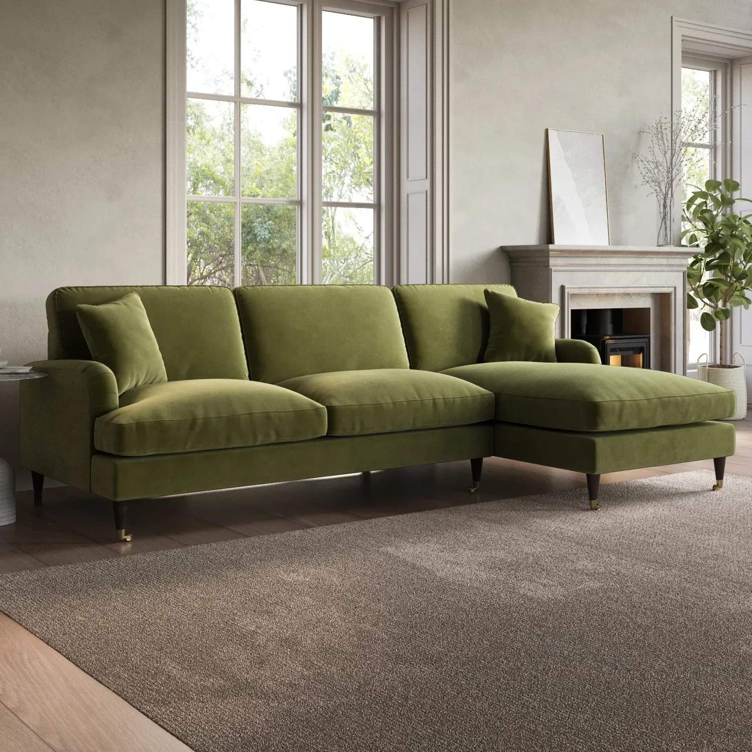 Payton L-Shaped 4 Seater Chaise Corner Sofa - Olive Green, Velvet alternate view