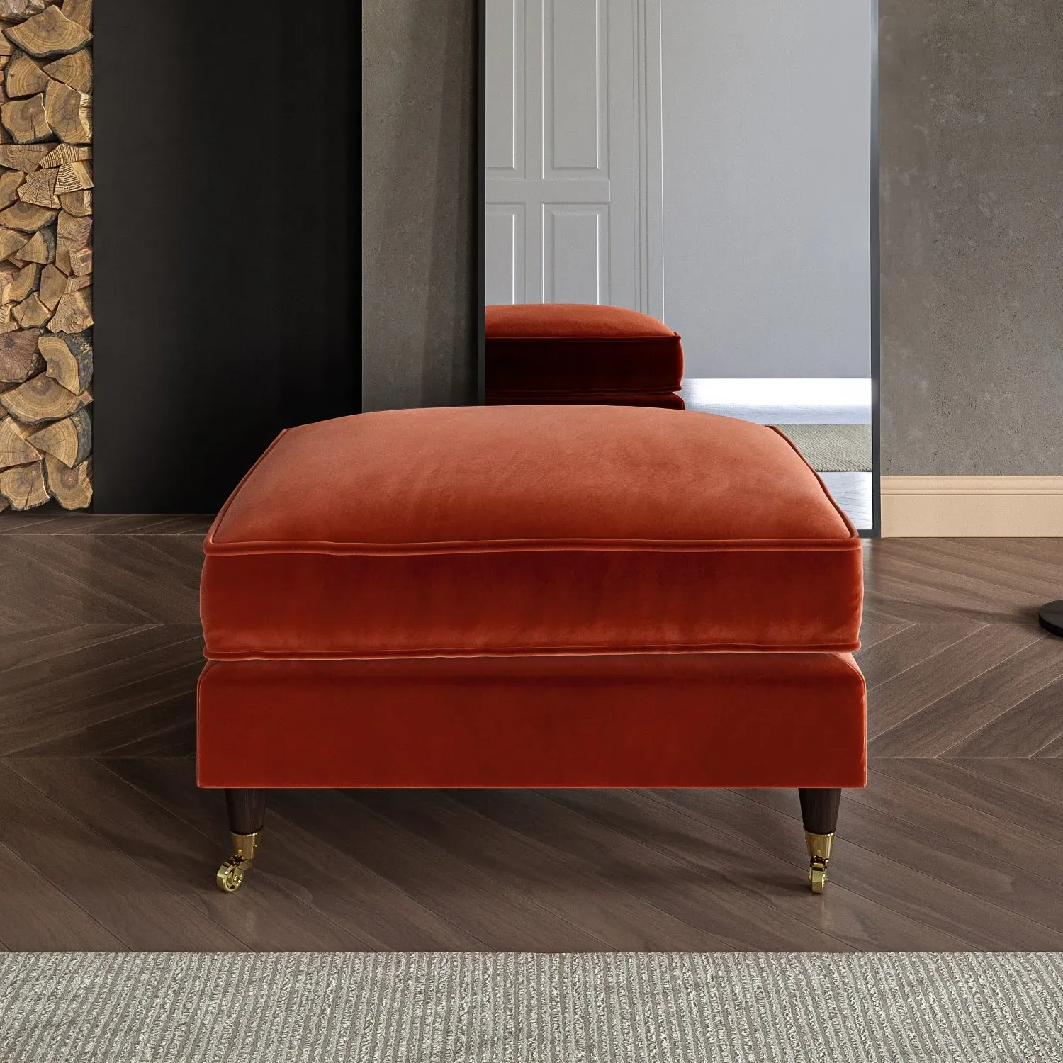 Payton Large Footstool with Castor Wheels - Orange, Velvet alternate view