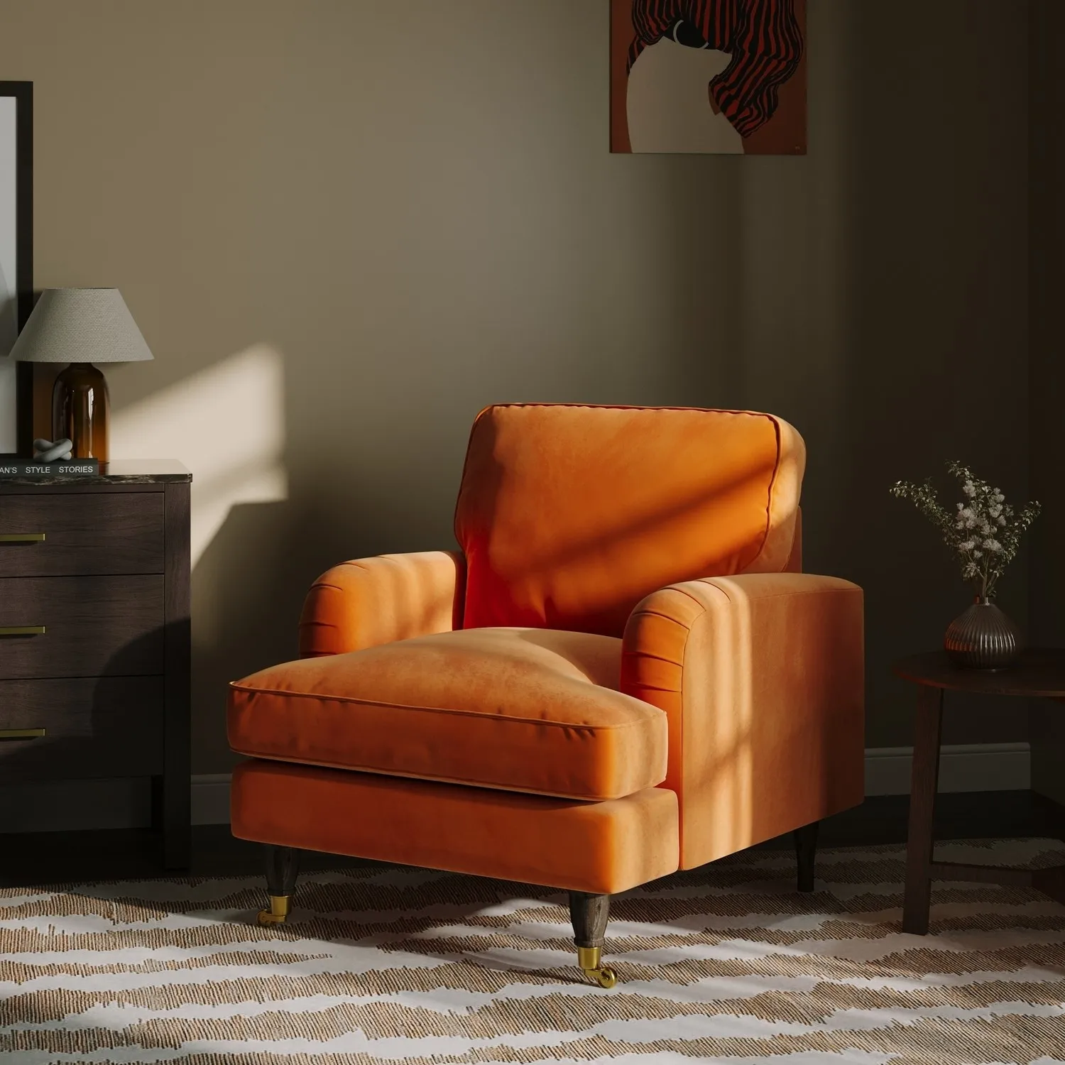 Velvet Armchair with Castors - Orange, Velvet alternate view