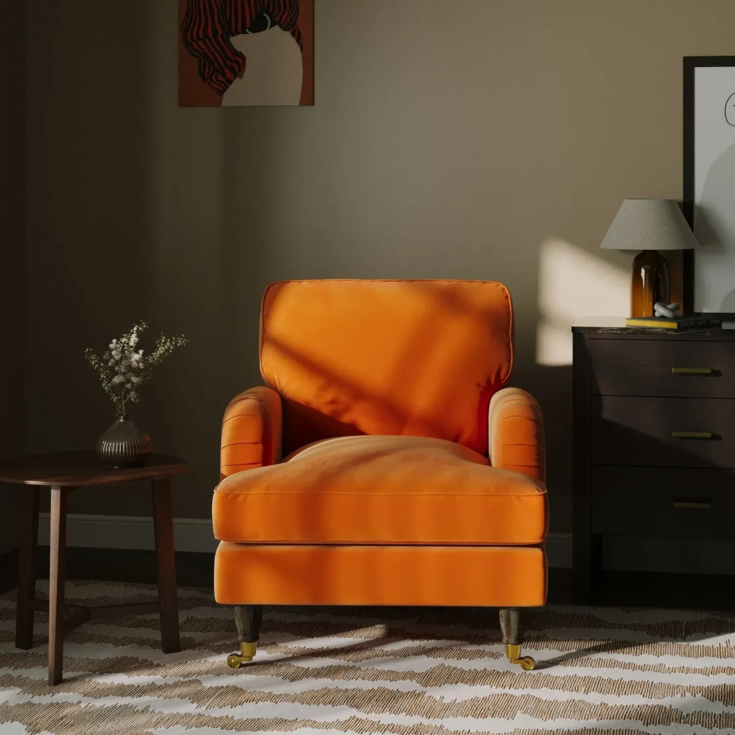 Velvet Armchair with Castors - Orange, Velvet product