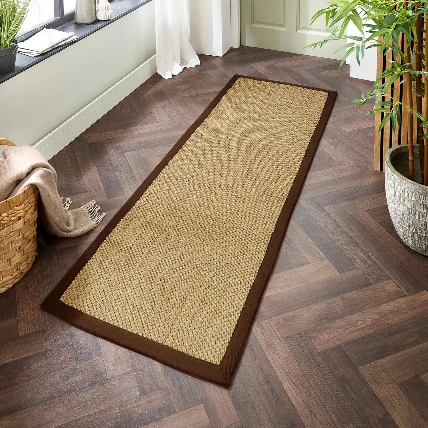 Origins Sisal Runner Rug with Brown Border - Beige, Sisal product