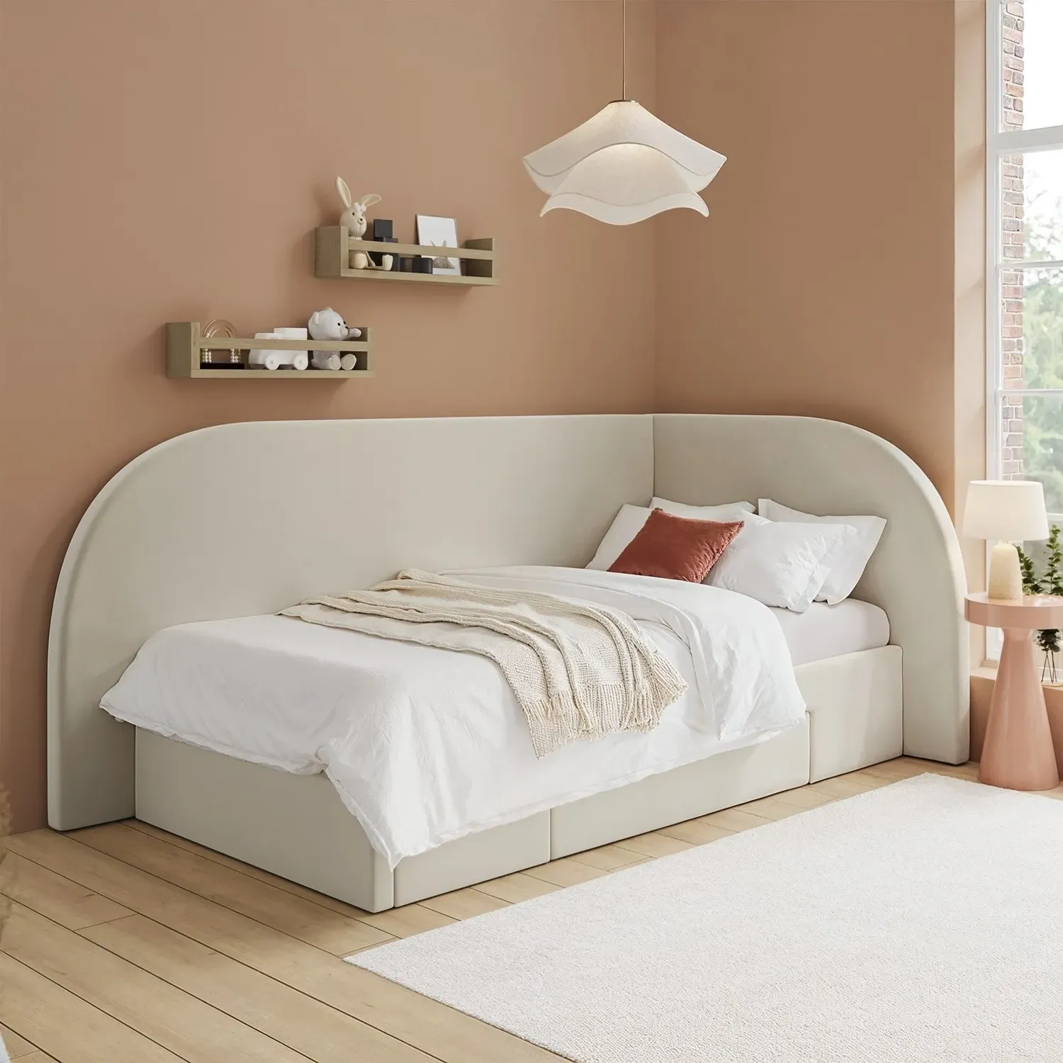 Reagan Single Bed Frame with Storage Drawer - Cream, Velvet alternate view