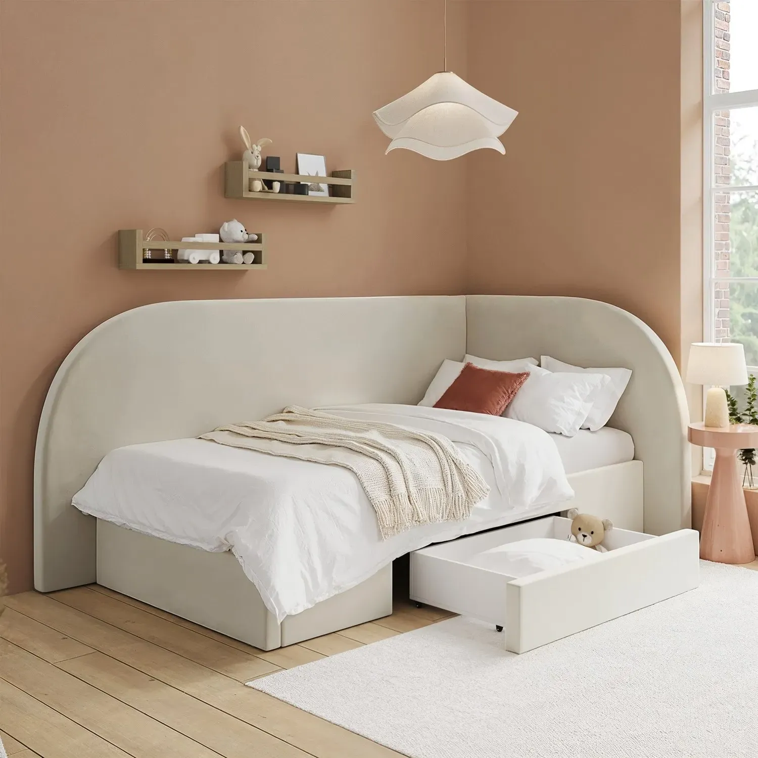 Reagan Single Bed Frame with Storage Drawer - Cream, Velvet product