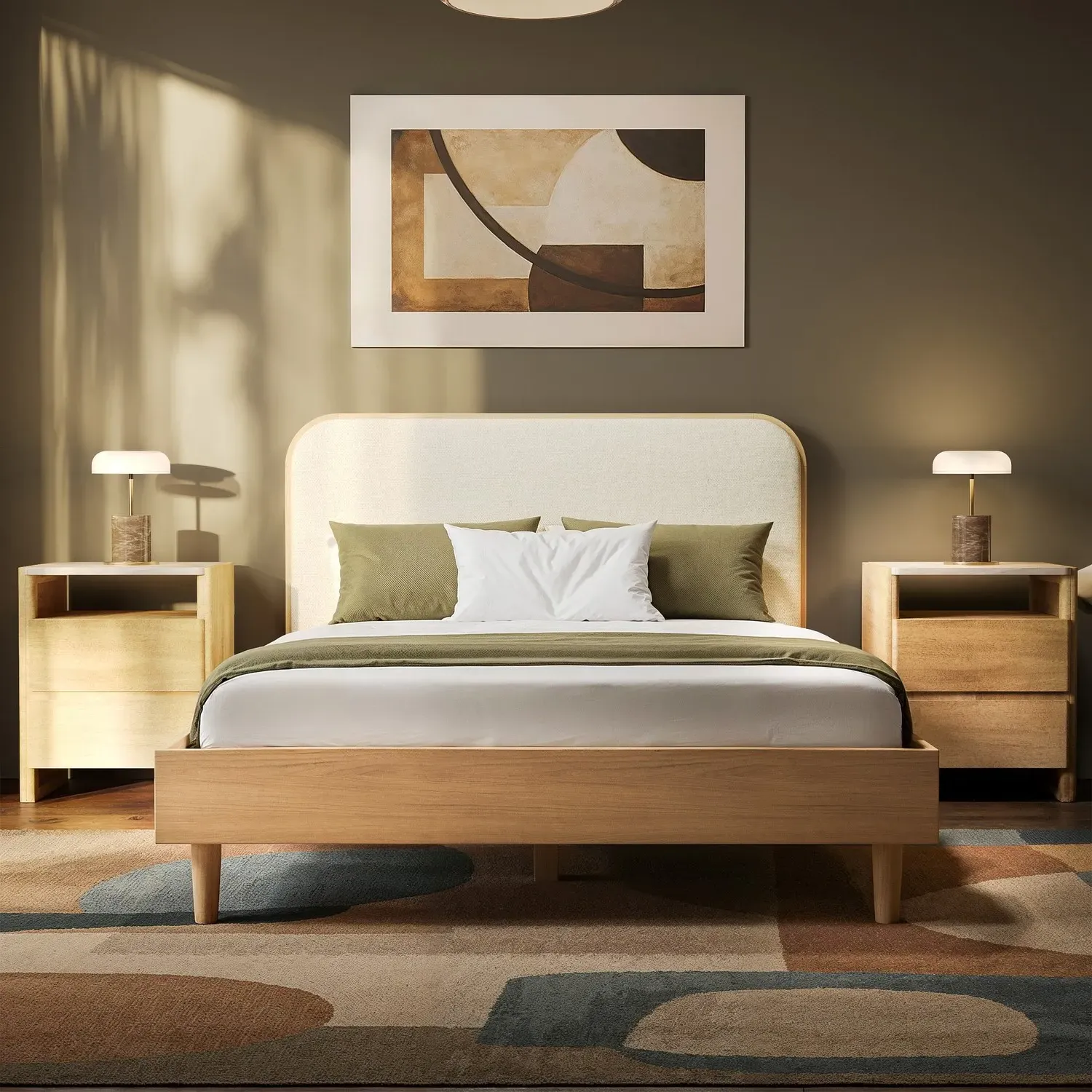 Double Bed Frame with Upholstered Curved Headboard - Oak, Oak Veneer alternate view