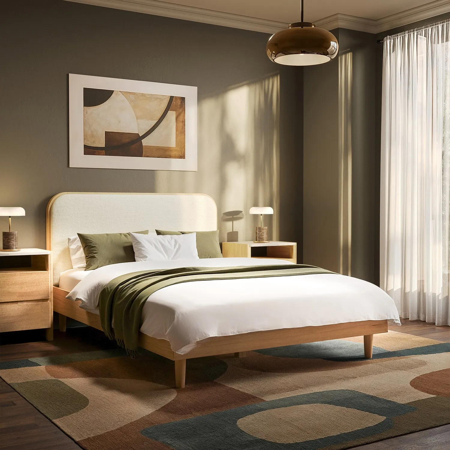 Double Bed Frame with Upholstered Curved Headboard - Oak, Oak Veneer product