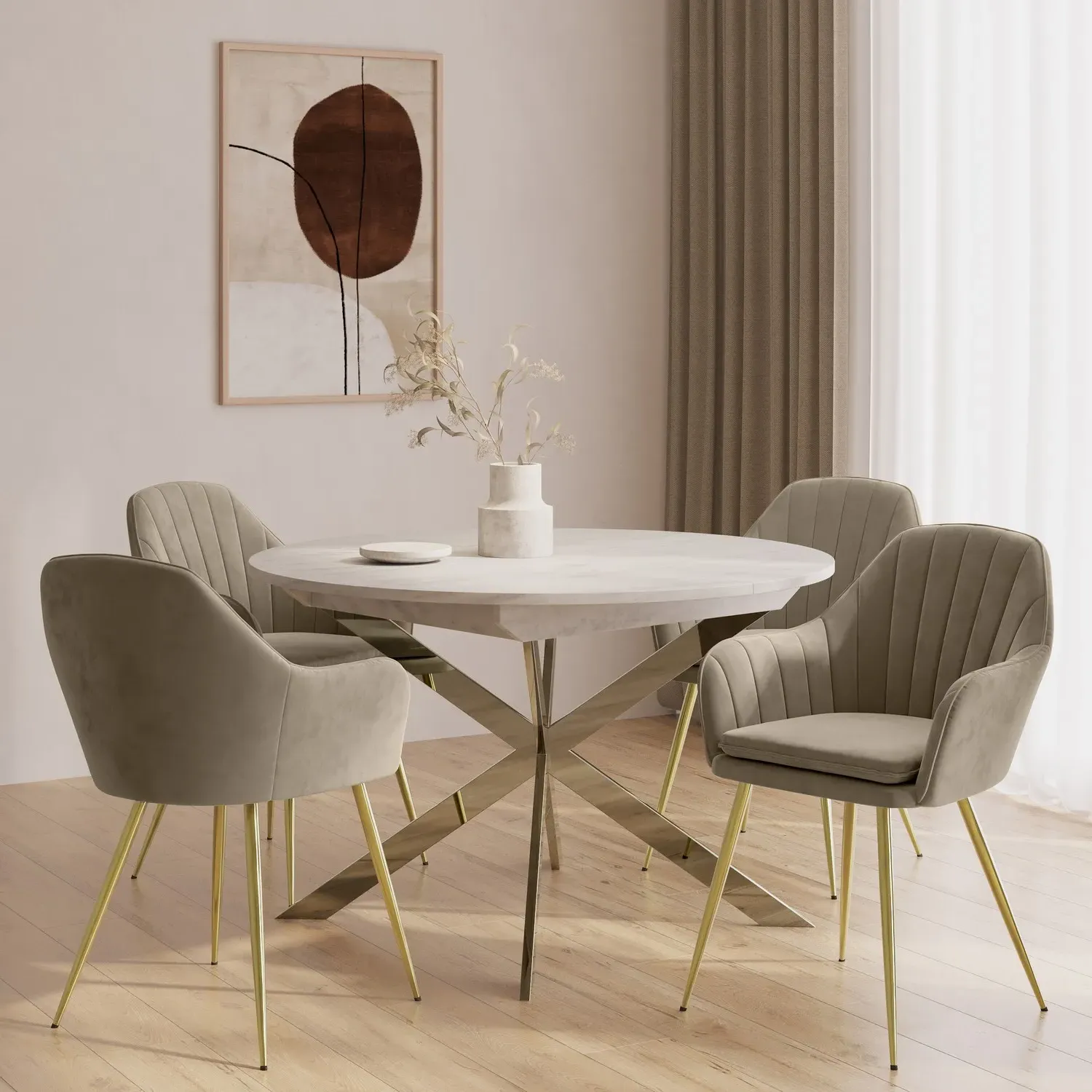 Logan Round to Oval Extendable Dining Table Set with 4 Chairs - White Marble, Velvet product