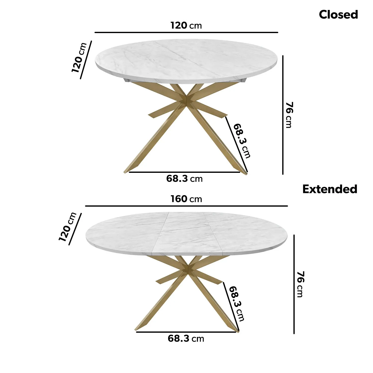 Round to Oval Extendable Dining Table - White Marble Effect, Gold Legs alternate view