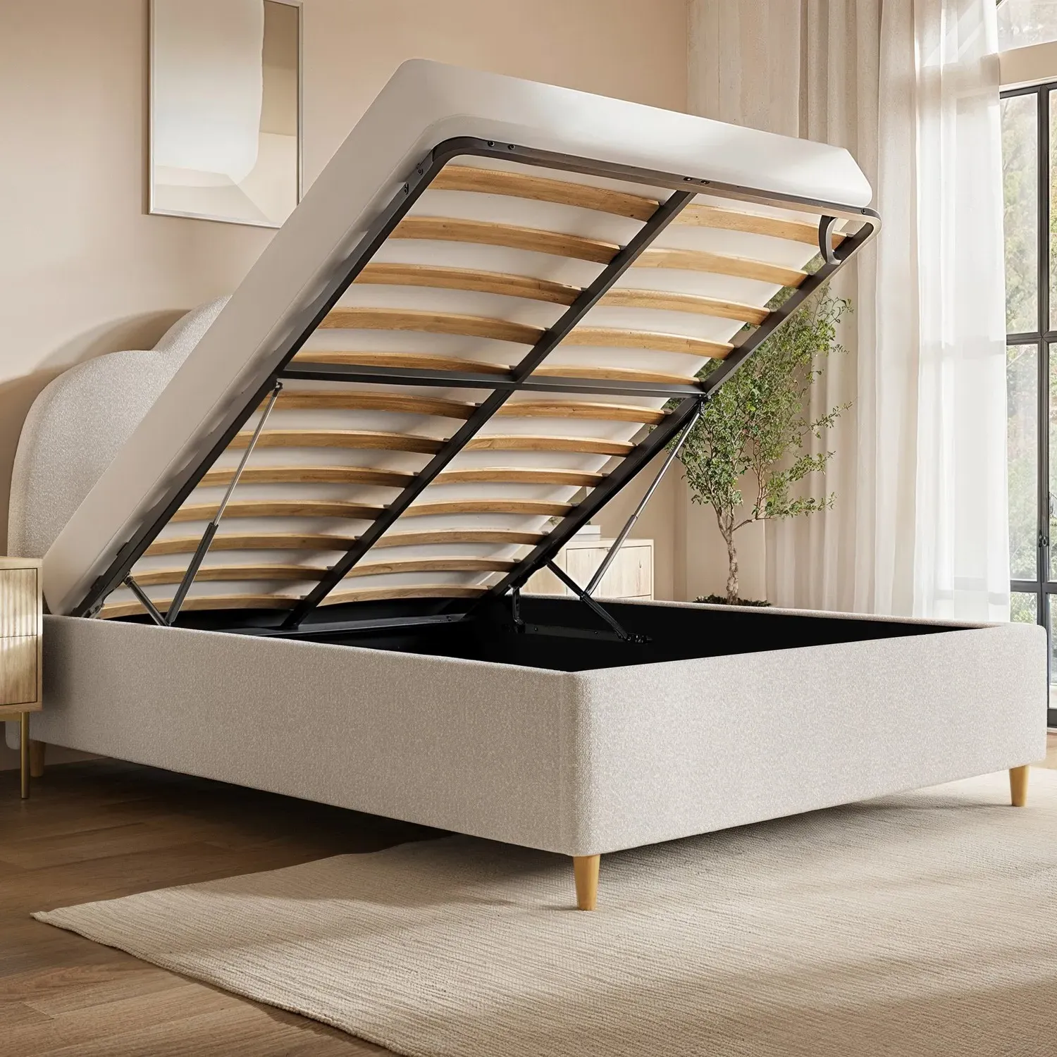 Roma Double Ottoman Bed with Scalloped Headboard - Cream, Boucle alternate view