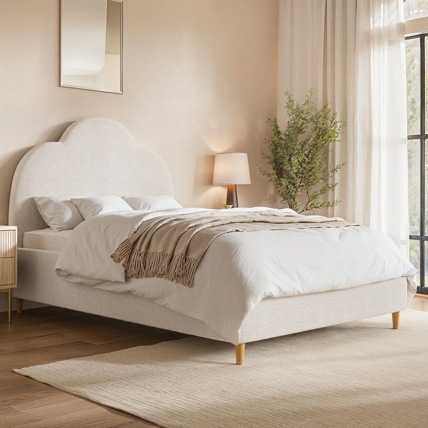 Roma Small Double Ottoman Bed with Scalloped Headboard - Cream, Boucle product