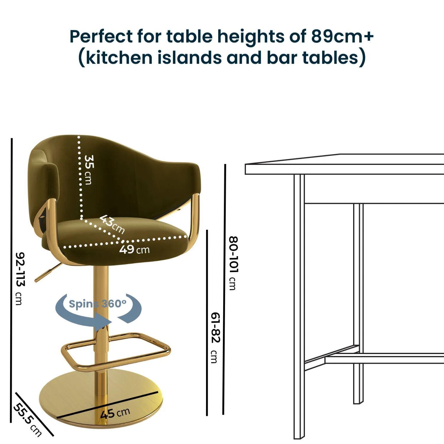 Adjustable Swivel Bar Stool with Gold Base - Olive Green, Velvet alternate view