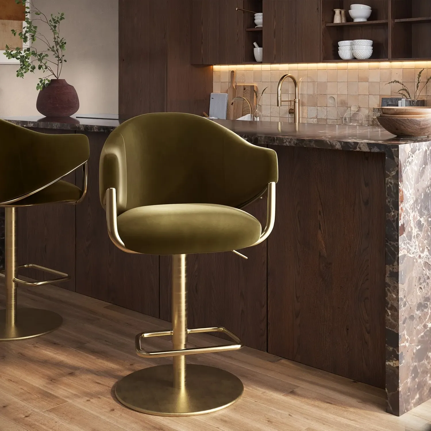 Adjustable Swivel Bar Stool with Gold Base - Olive Green, Velvet product