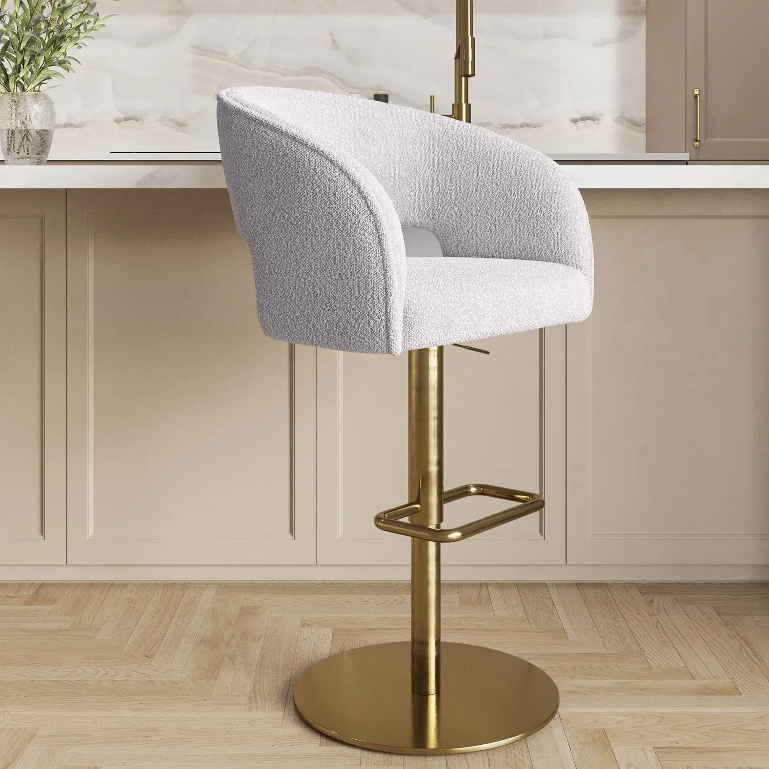 Curved Adjustable Swivel Barstool with Gold Base - Beige, Boucle product