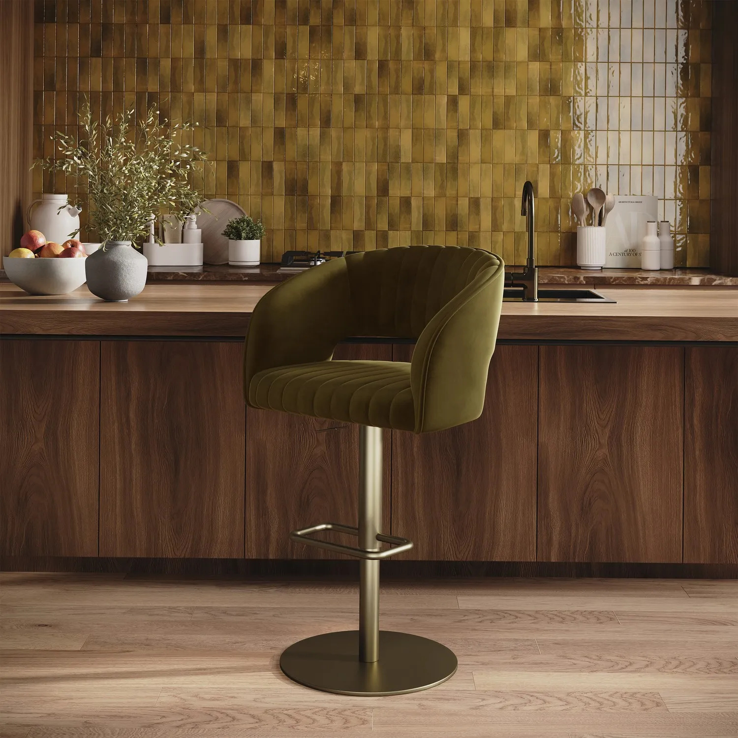 Curved Adjustable Swivel Bar Stool with Brass Base - Olive Green, Velvet product