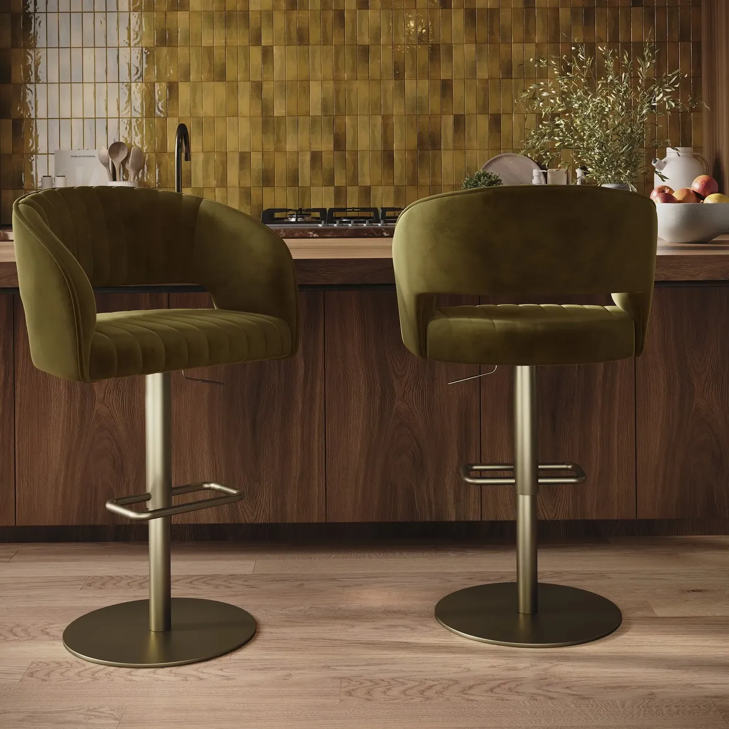Set of 2 Curved Swivel Bar Stools with Brass Base - Olive Green, Velvet product