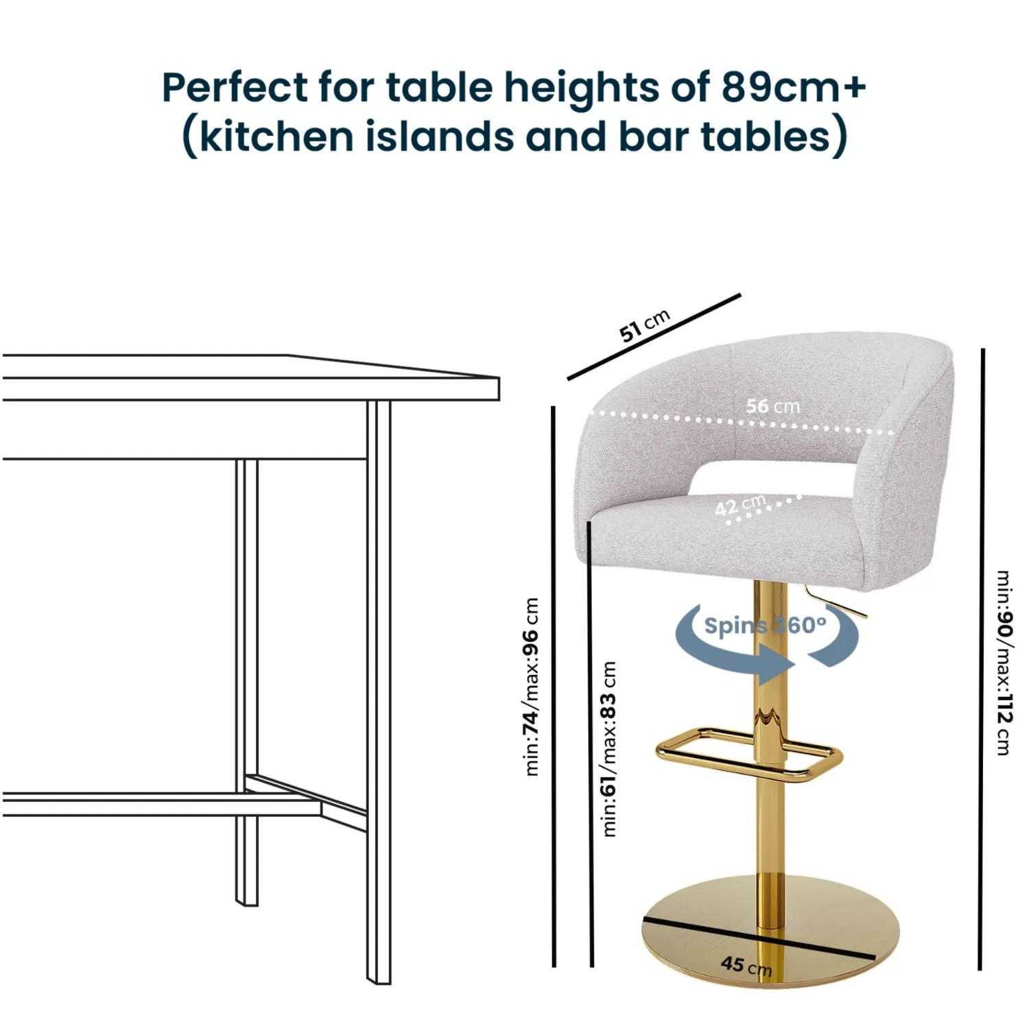 Set of 2 Curved Swivel Barstools with Gold Base - Beige, Boucle alternate view