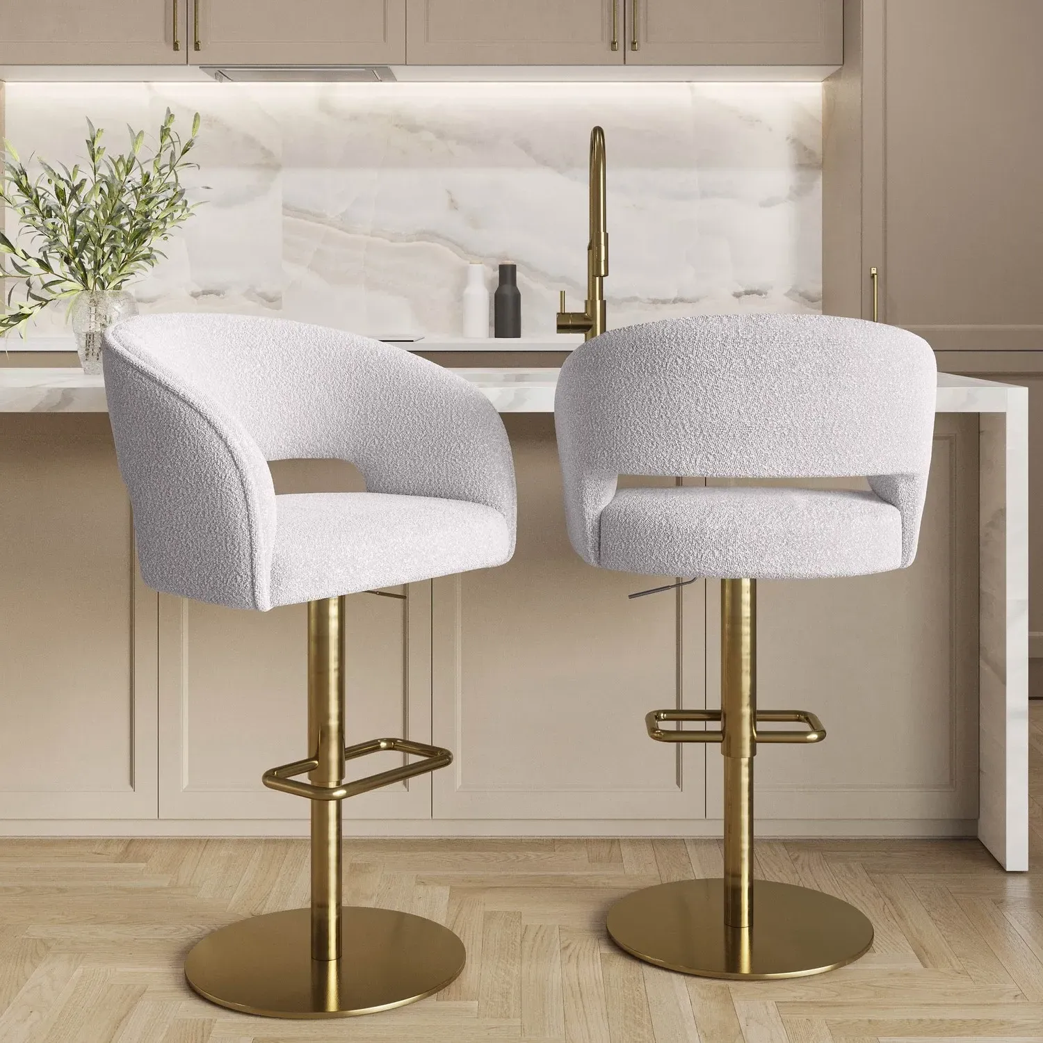 Set of 2 Curved Swivel Barstools with Gold Base - Beige, Boucle product