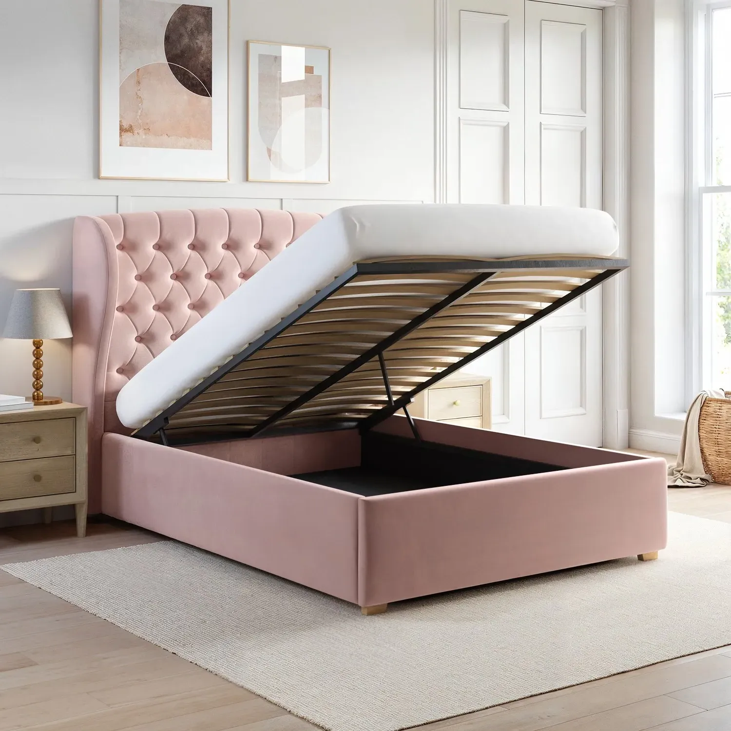 Safina Double Ottoman Bed with Chesterfield Headboard - Pink, Velvet alternate view