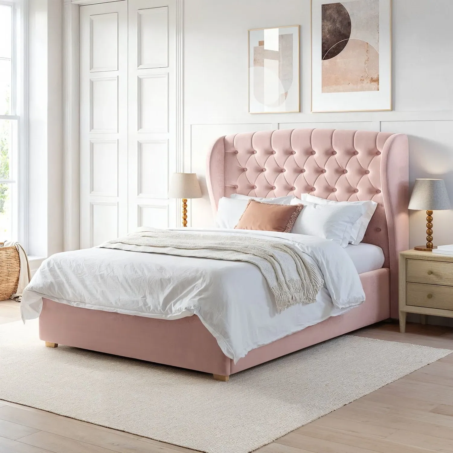 Safina Double Ottoman Bed with Chesterfield Headboard - Pink, Velvet product