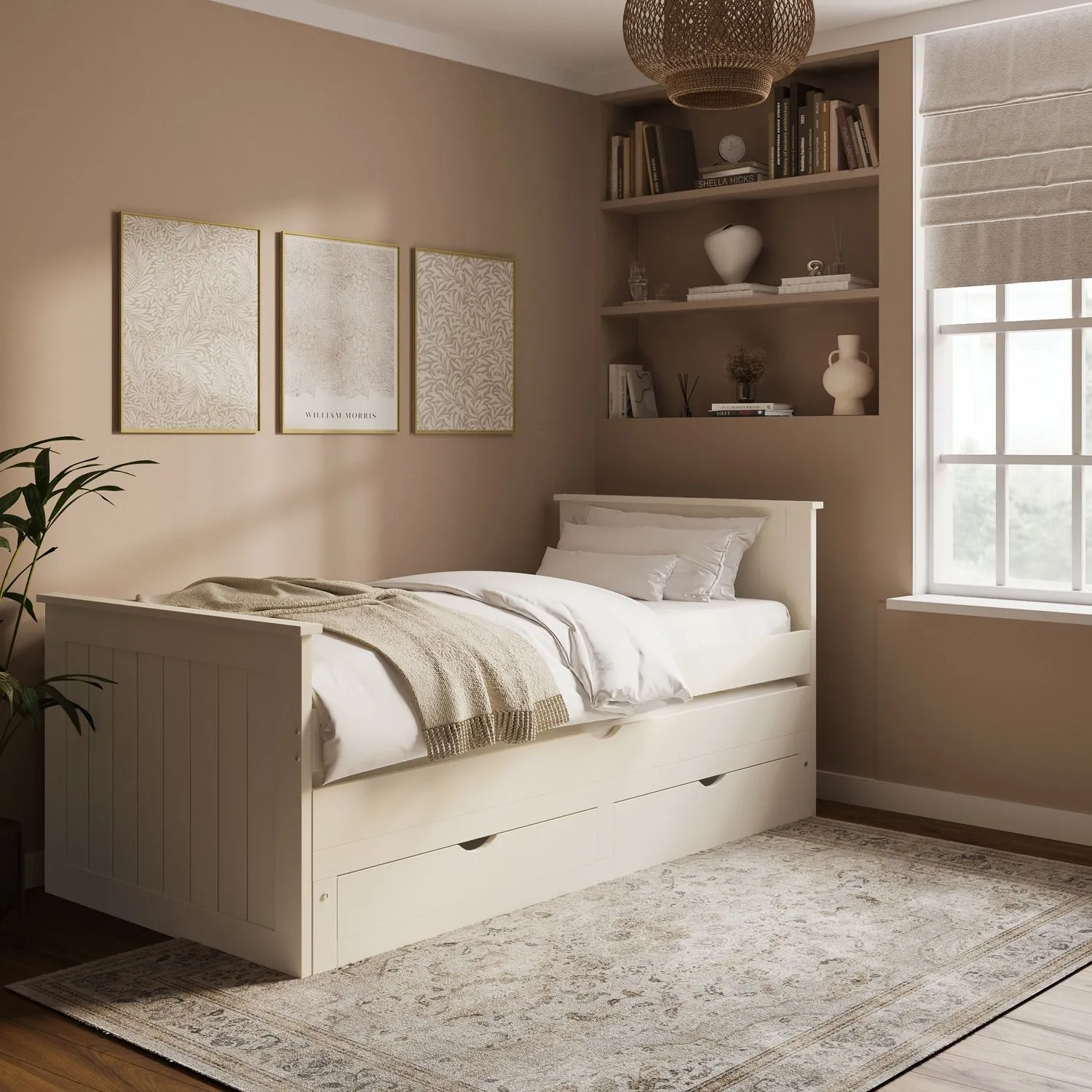 Single Guest Bed with Storage and Trundle - Cream, Solid Pine alternate view