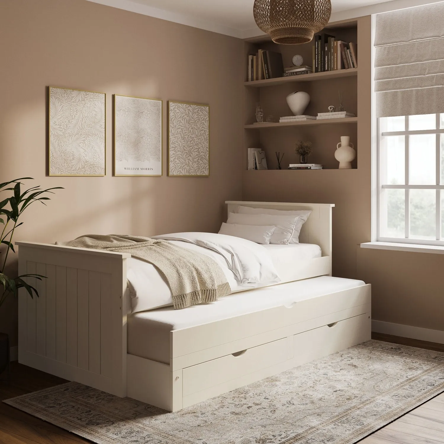Single Guest Bed with Storage and Trundle - Cream, Solid Pine product