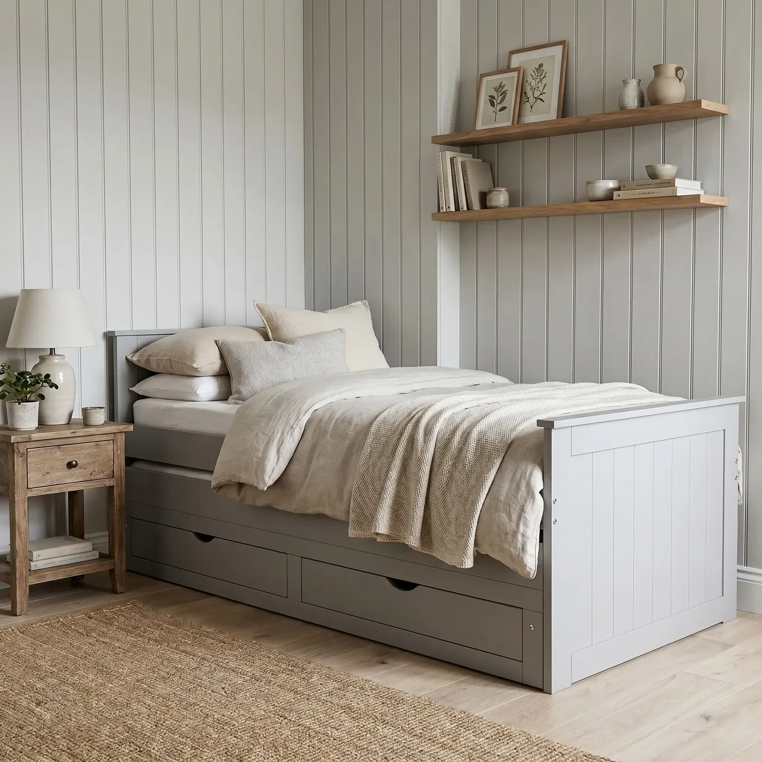 Single Trundle Bed with Storage - Grey, Solid Pine Wood alternate view