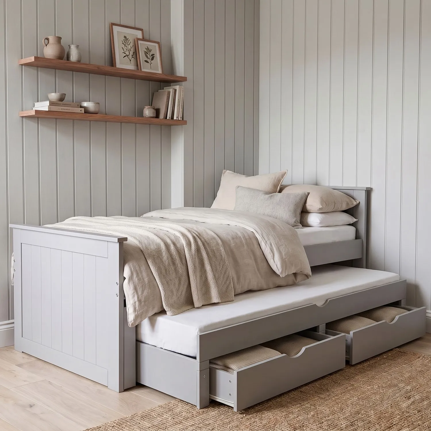 Single Trundle Bed with Storage - Grey, Solid Pine Wood product