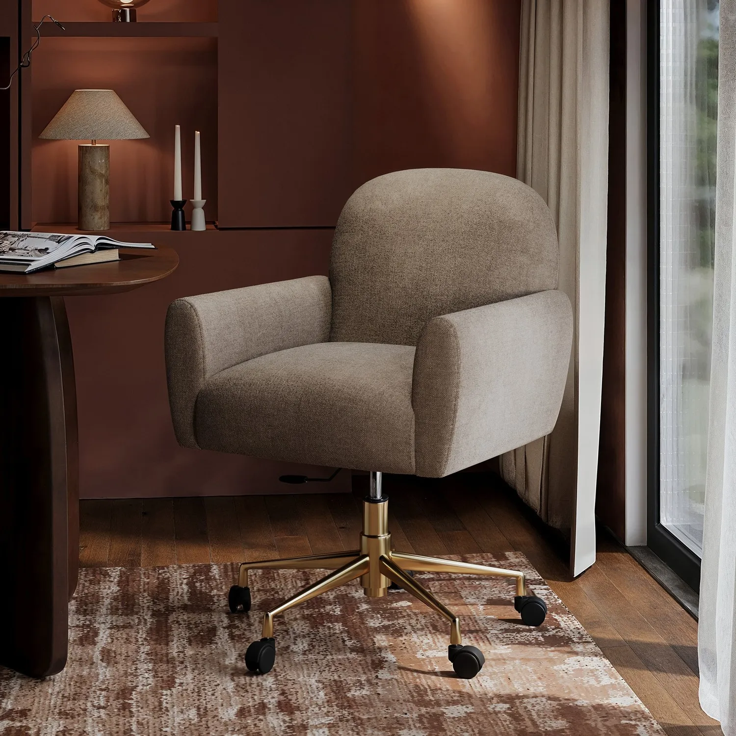 Swivel Office Chair with Adjustable Height - Beige, Fabric product