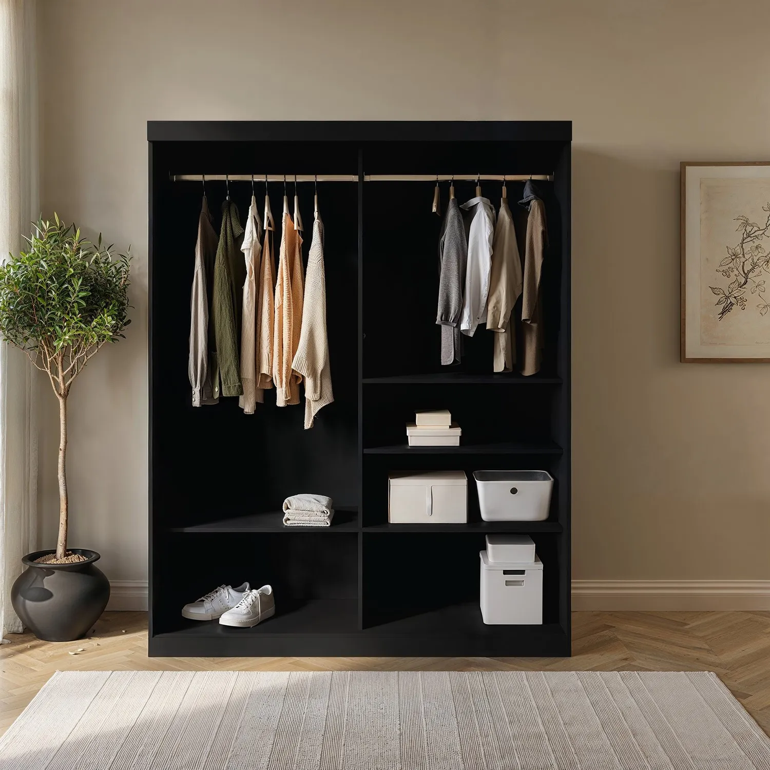Mirrored Sliding Door Double Wardrobe - Black, Wood alternate view