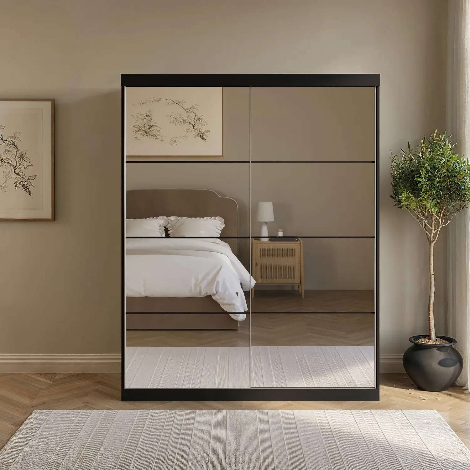Mirrored Sliding Door Double Wardrobe - Black, Wood product