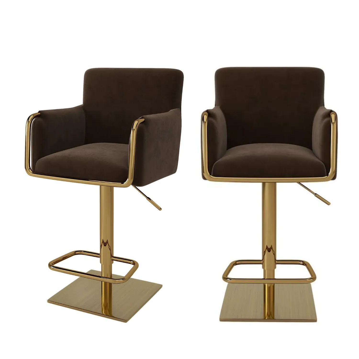 Set of 2 Adjustable Swivel Bar Stools with Gold Base - Brown, Velvet alternate view