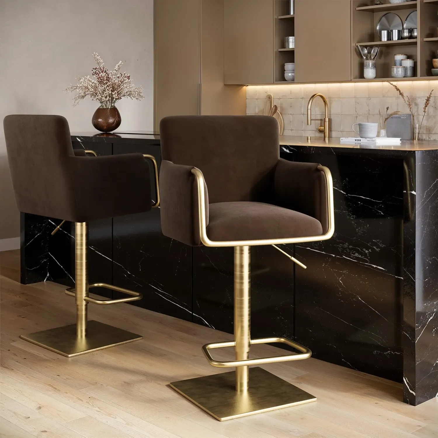 Set of 2 Adjustable Swivel Bar Stools with Gold Base - Brown, Velvet product