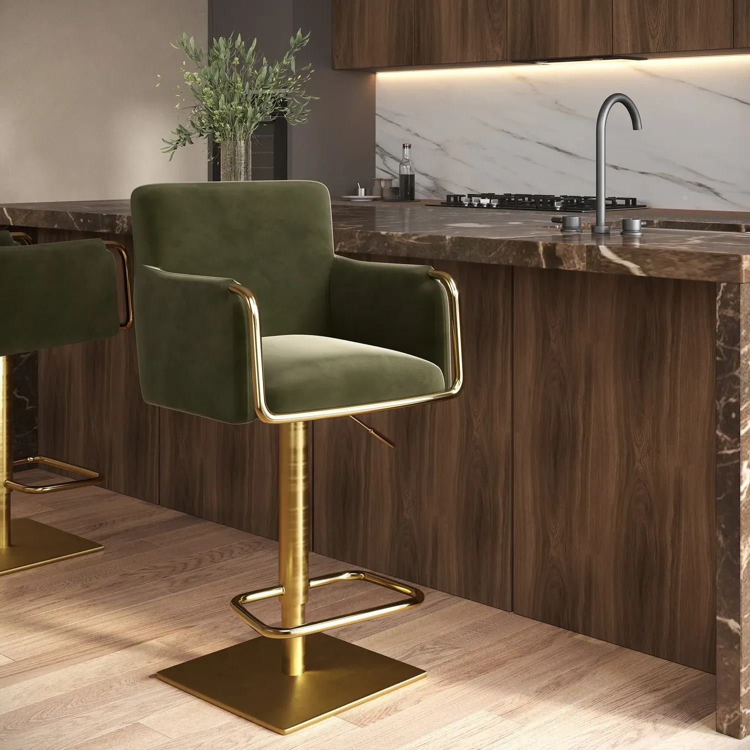 Swivel Bar Stool Adjustable with Gold Base - Olive Green, Velvet product
