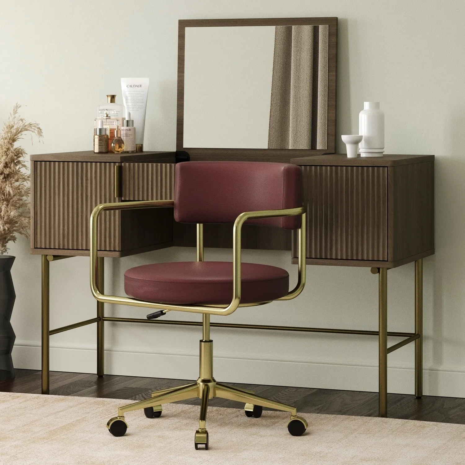 Swivel Chair with Castors - Burgundy, Faux Leather product