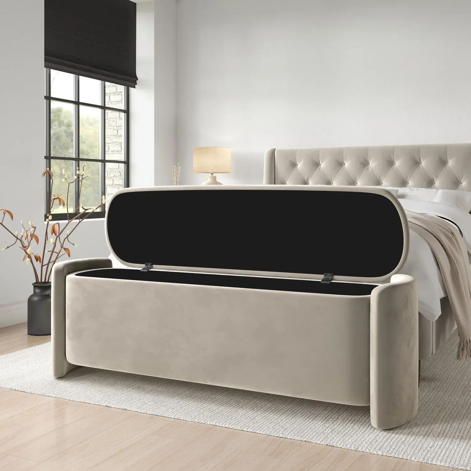 Taryn Ottoman Storage Blanket Box - Beige, Velvet alternate view