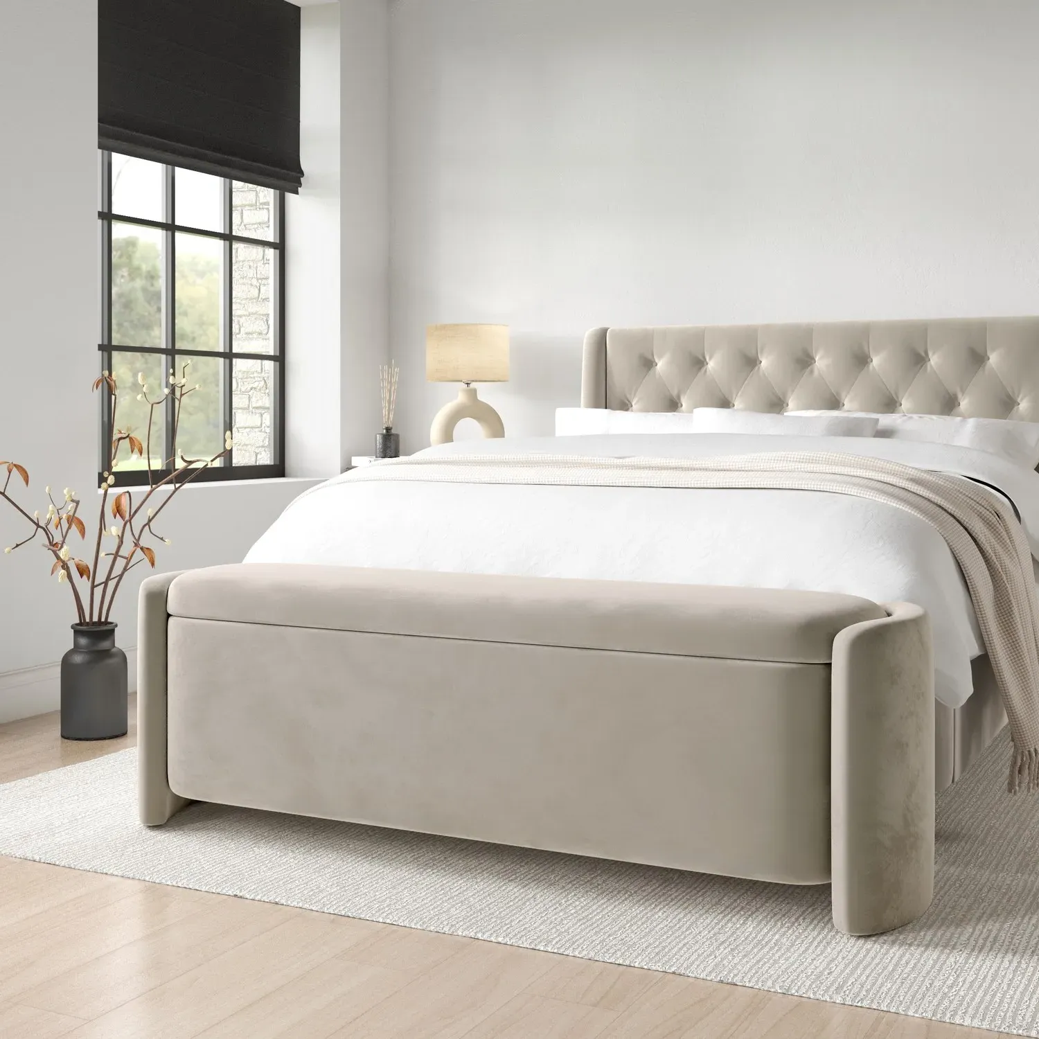 Taryn Ottoman Storage Blanket Box - Beige, Velvet product
