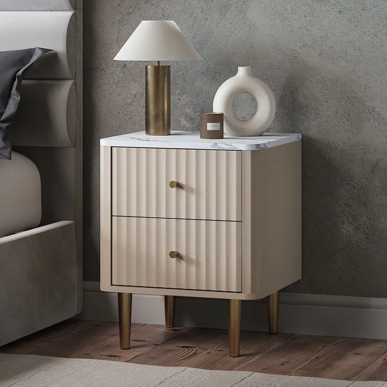 taupe-2-drawer-marble-top-fluted-bedside-table-lucia image