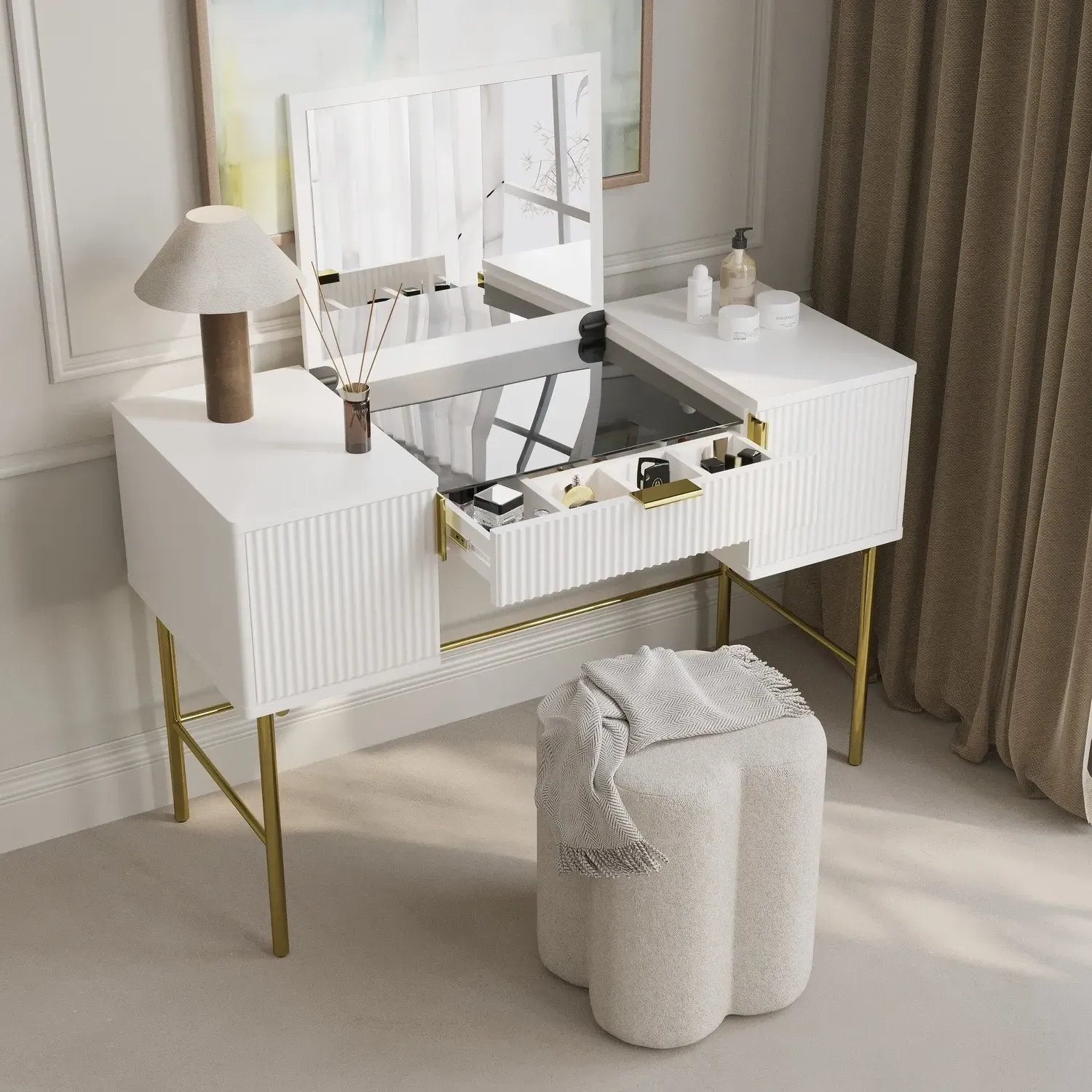 Ribbed Dressing Table with Fold-Out Mirror - White, MDF alternate view