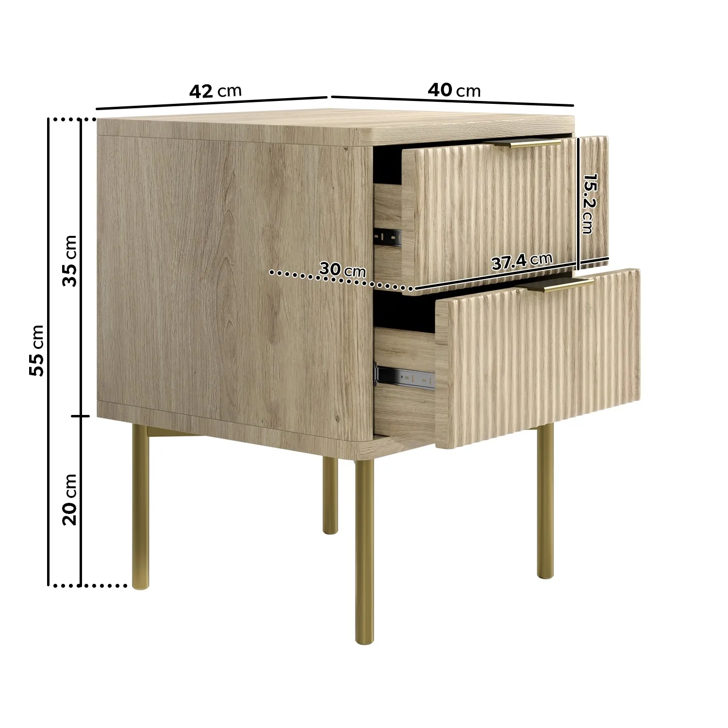 Valencia Ribbed 2 Drawer Bedside Table with Legs - Oak, MDF alternate view