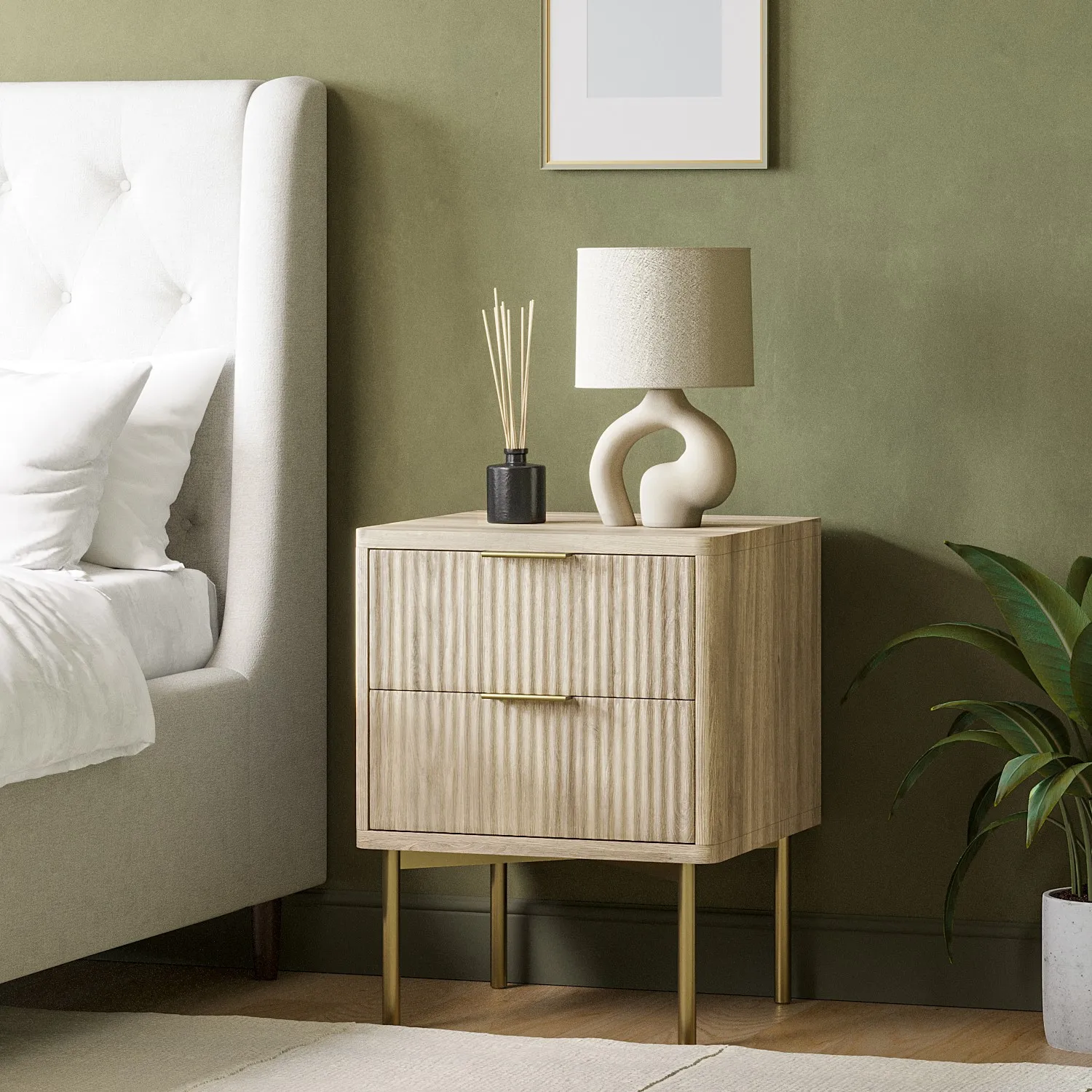 Valencia Ribbed 2 Drawer Bedside Table with Legs - Oak, MDF product