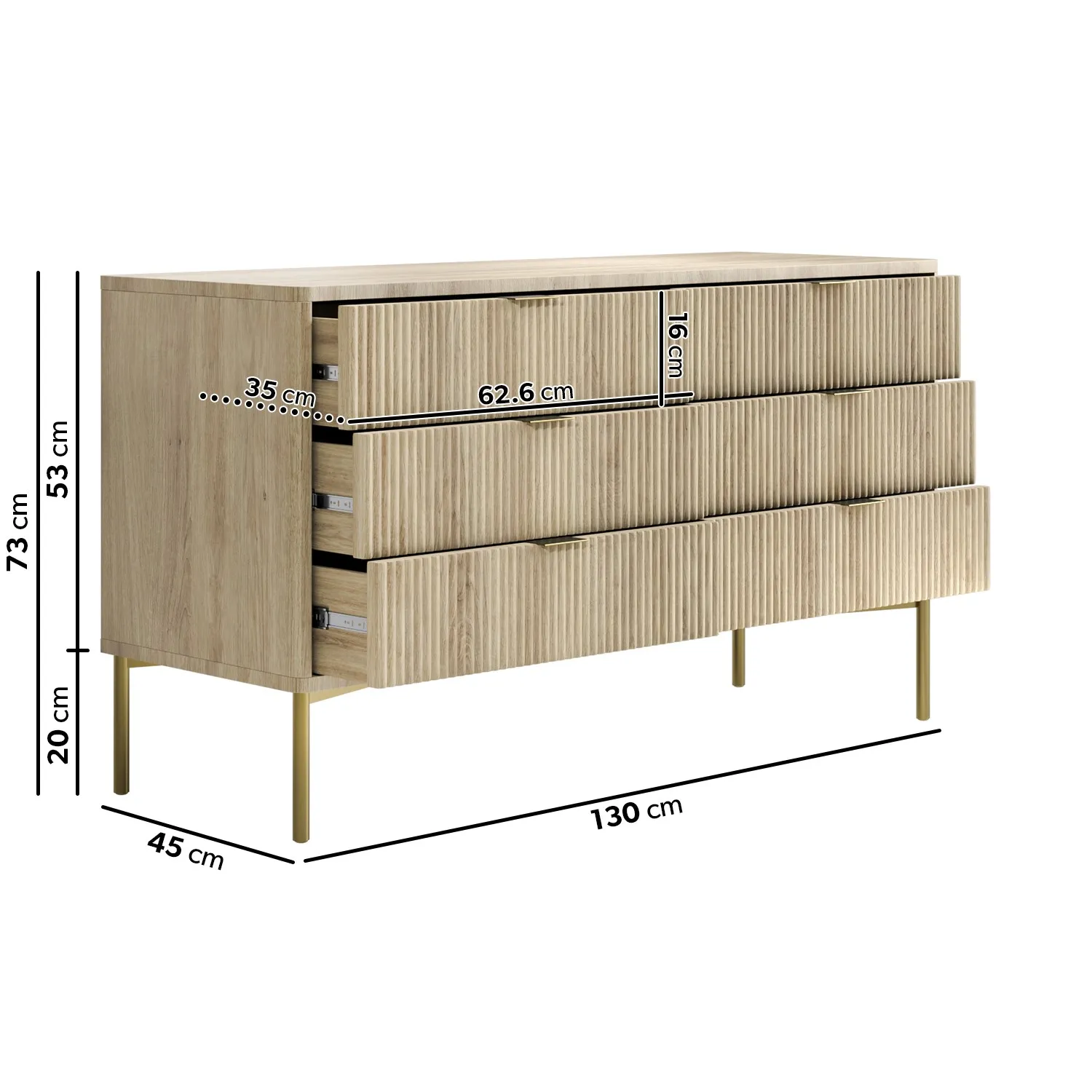 Wide Ribbed 6 Drawer Chest of Drawers with Gold Legs - Oak alternate view