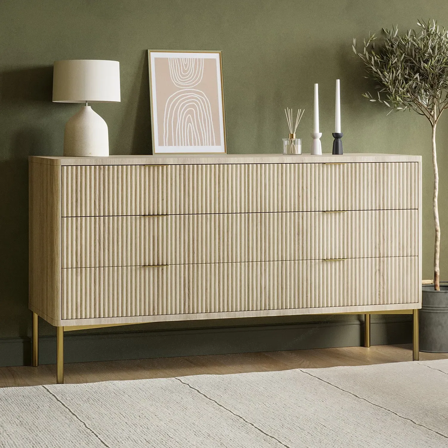 Wide Ribbed 6 Drawer Chest of Drawers with Gold Legs - Oak product