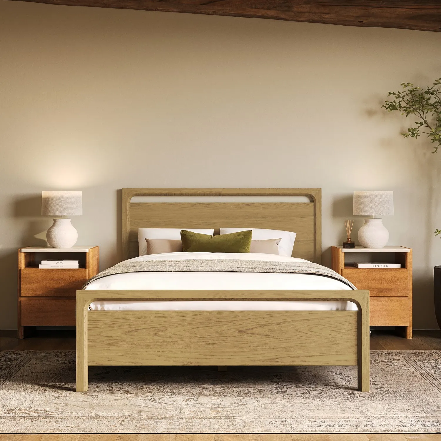 Double Bed Frame with Curved Headboard - Light Oak, Solid Oak alternate view