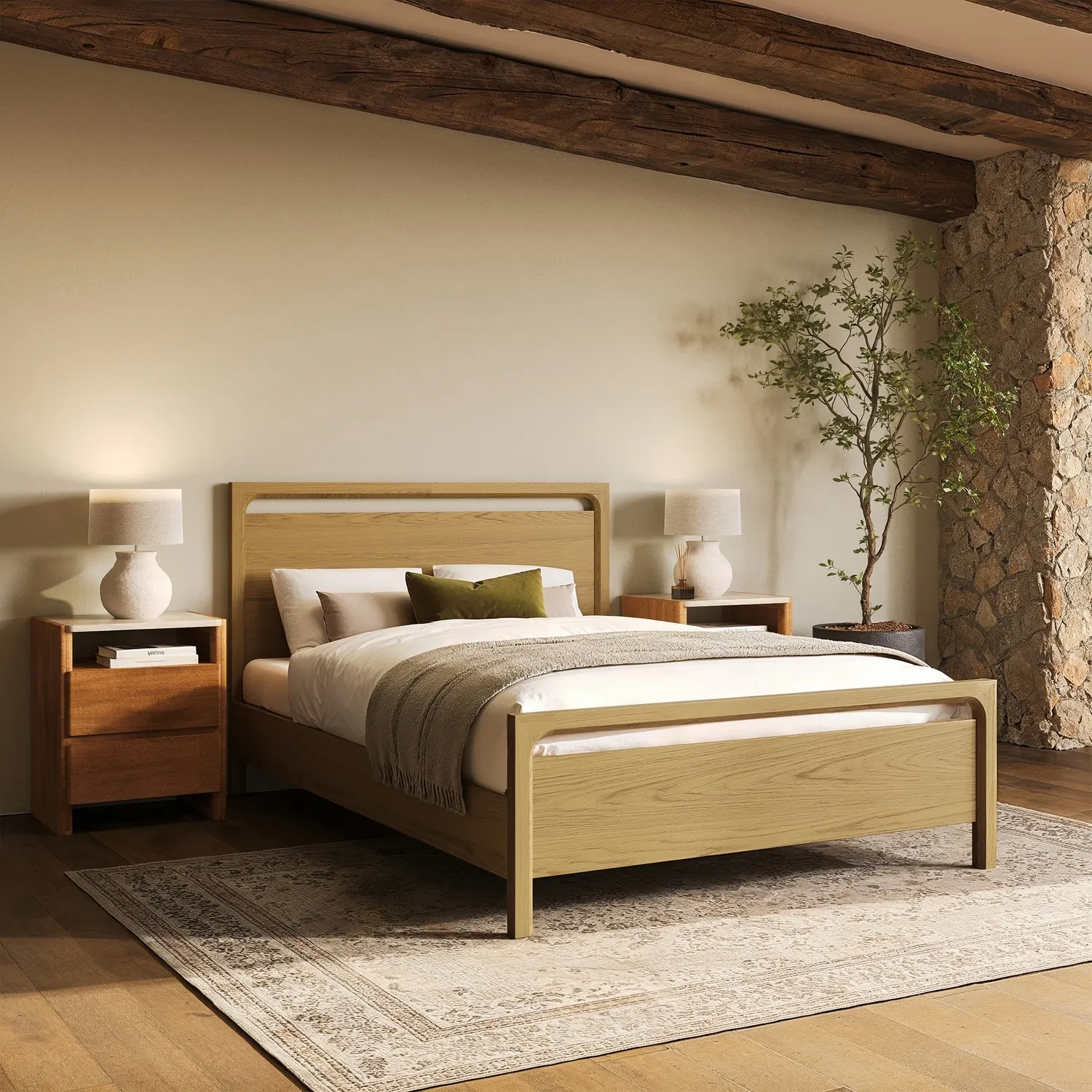 Double Bed Frame with Curved Headboard - Light Oak, Solid Oak product